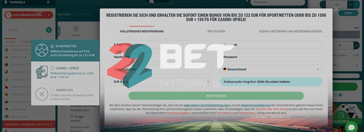 22Bet Registrierung
